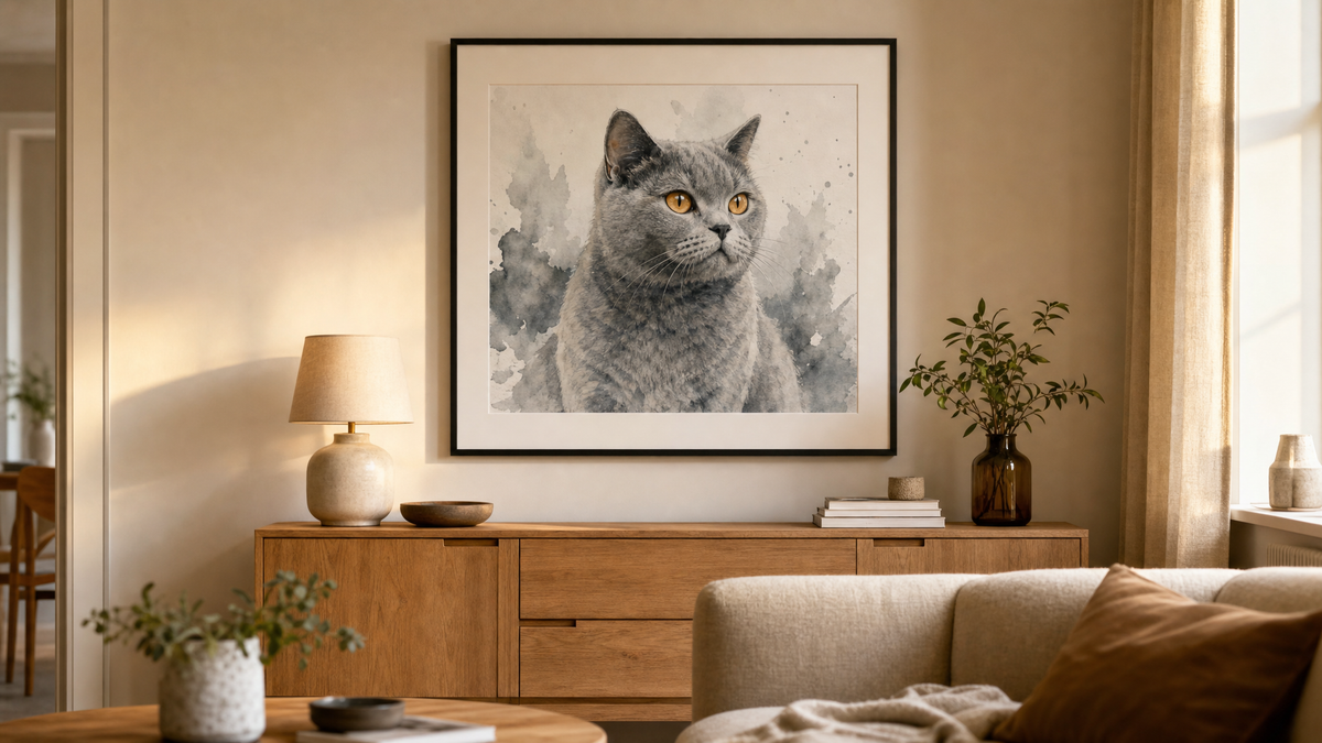 Aquarell-Katzenportrait im Wohnzimmer über der Kommode – Mona Miau