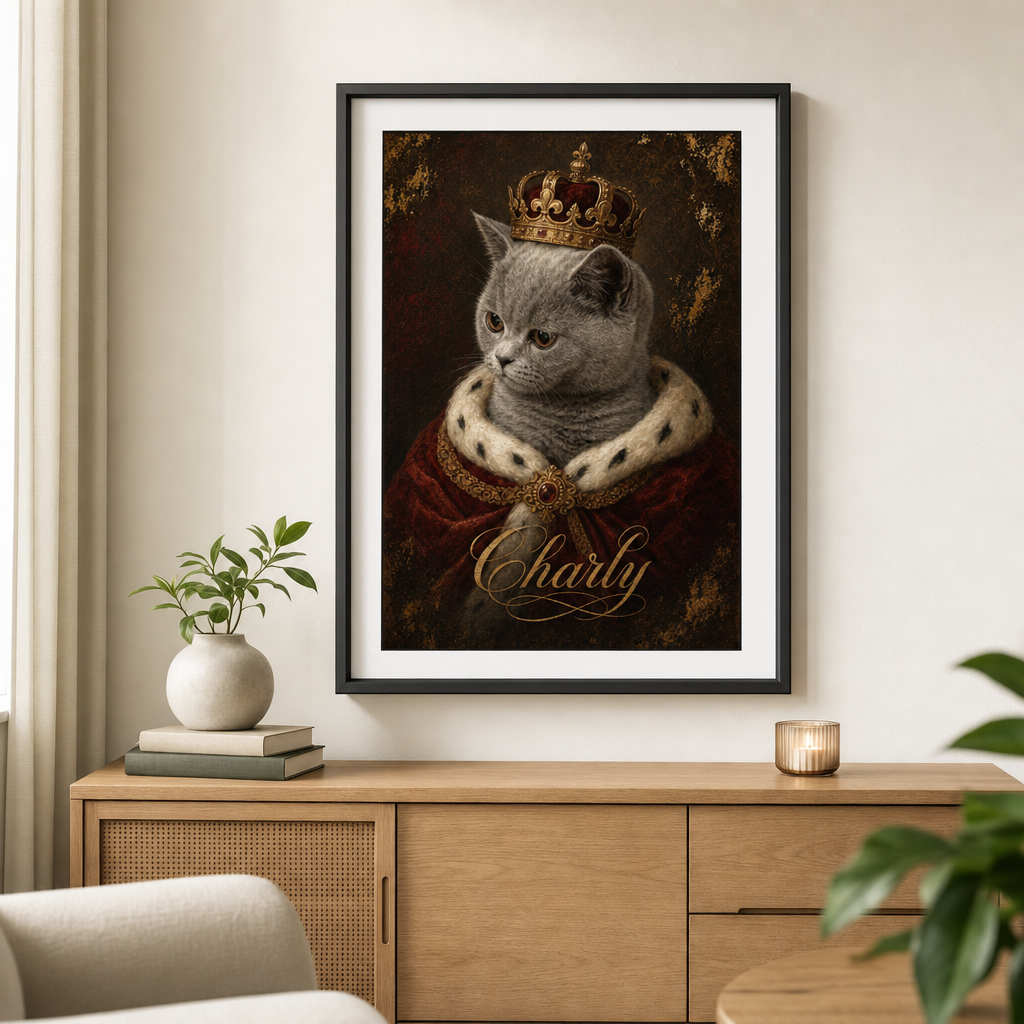 Haustierportrait an der Wand über dem Sideboard – Einrichtungsbeispiel